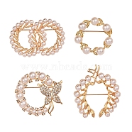4Pcs 4 Style Butterfly & Leaf Plastic Imitation Pearl Beads Brooch, with Alloy Findings, Golden, 32~44x32~48x5.5~8mm, 1pcs/style(JEWB-SZ0001-08)
