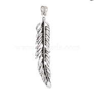 Alloy Big Pendants, with Snap on Bails, Feather, Antique Silver, 69x13x2mm, Hole: 6x5mm(PALLOY-H170-54AS)
