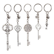 Iron Split Keychains, with Alloy Pendants, Key & Heart, Antique Silver, 7.5~13.8cm(KEYC-JKC00608)