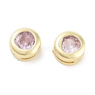 Brass with Single Cubic Zirconia Slide Charms, Flat Round, Real 18K Gold Plated, Pink, 5.5x3.5mm, Hole: 3x0.6mm(KK-C051-27G-04)