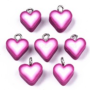 Handmade Polymer Clay Charms, with Platinum Tone Iron Findings, Heart, Purple, 12~13.5x9.5~11x5mm, Hole: 1.8mm(CLAY-T016-52)