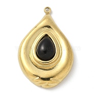 Natural Obsidian Pendants, 304 Stainless Steel Teardrop Charms, Real 18K Gold Plated, 28~28.5x18~18.5x6~6.5mm, Hole: 1.4mm(STAS-L277-12G-03)