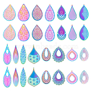 30Pcs 15 Style Ion Plating(IP) 201 & 304 Stainless Steel Filigree Pendants, for DIY Jewelry Making, Etched Metal Embellishments, Mixed Shape, Rainbow Color, 40~62x16~37x0.3mm, Hole: 1~2mm, 2pcs/style(STAS-DC0015-58)