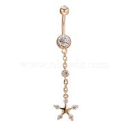 Piercing Jewelry Real 18K Gold Plated Brass Rhinestone Star Navel Ring Belly Rings, Crystal, 63x12mm, Bar Length: 3/8"(10mm), Bar: 14 Gauge(1.6mm)(AJEW-EE0001-69)