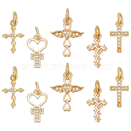 Elite 10Pcs 5 Styles Real 18K Gold Plated Brass Micro Pave Cubic Zirconia Pendants, with Jump Ring, Cross, Mixed Shapes, 13.5~15x7.5~12x1.5~2mm, Hole: 3~3.4mm, 2pcs/style(KK-PH0006-48)