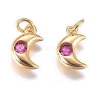Brass Micro Pave Cubic Zirconia Charms, with Jump Ring, Long-Lasting Plated, Moon, Golden, Hot Pink, 10x6.5x2mm, Hole: 3mm(ZIRC-G168-56G-02)