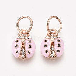 Alloy Charms, with Rhinestone and Enamel, Ladybug, Pink, Crystal, Rose Gold, 14.5x10x4mm, Hole: 6mm(X-MPDL-S066-103)