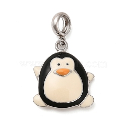 Rhodium Plated 925 Sterling Silver Enamel European Dangle Charms, Large Hole Penguin Charms, Platinum, Black, 24mm, Hole: 4.5mm(STER-P062-01C-01)