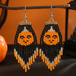 Bohemian Style Pumpkin Glass Bead Handmade Tassel Earrings for Women, Platinum, 85x28mm(CB7353)