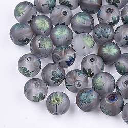 Autumn Theme Electroplate Transparent Glass Beads, Frosted, Round with Maple Leaf Pattern, Cadet Blue, 8~8.5mm, Hole: 1.5mm(EGLA-S178-01B)