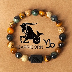 Twelve Constellations Natural Tiger Eye & Picture Jasper & Rhyolite Jasper Round & Column Beaded Stretch Bracelets for Women Men, with Gift Card, Capricorn, 2-3/8 inch(6cm)(WG6FA5D-12)