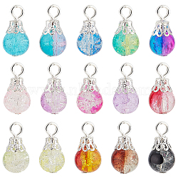 225Pcs 15 Colors Spray Painted Crackle Glass Pendants, Round Charms with Silver Tone Iron Loops, Mixed Color, 15x8mm, Hole: 2.5mm, 15Pcs/color(PALLOY-AB00090)