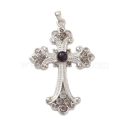 Natural Amethyst Big Pendants, Alloy Crystal Rhinestone Cross Charms, Platinum, 75x50x9.5mm, Hole: 6x4mm(FIND-Z063-17P)