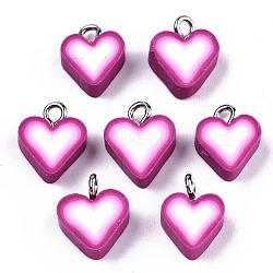 Handmade Polymer Clay Charms, with Platinum Tone Iron Findings, Heart, Purple, 12~13.5x9.5~11x5mm, Hole: 1.8mm(CLAY-T016-52)