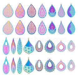 30Pcs 15 Style Ion Plating(IP) 201 & 304 Stainless Steel Filigree Pendants, for DIY Jewelry Making, Etched Metal Embellishments, Mixed Shape, Rainbow Color, 40~62x16~37x0.3mm, Hole: 1~2mm, 2pcs/style(STAS-DC0015-58)