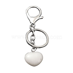 Natural White Jade Keychain, with Platinum Plated Iron Split Key Rings, Heart, 9~9.2cm(KEYC-M022-04Q)
