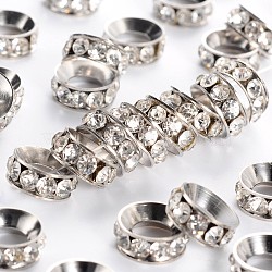 Brass Rhinestone Spacer Beads, Grade A, Rondelle, White, Platinum Metal Color, Size: about 10.5mm in diameter, 4.5mm thick, hole: 5.5mm(RSB093-2)