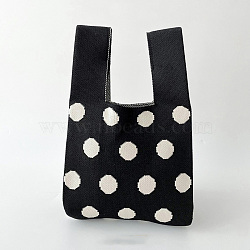 Polyester Polka Dot Knitted Tote Bags, Cartoon Crochet Handbags for Women, Black, 36x20cm(PW-WG44981-07)