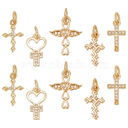 Elite 10Pcs 5 Styles Real 18K Gold Plated Brass Micro Pave Cubic Zirconia Pendants, with Jump Ring, Cross, Mixed Shapes, 13.5~15x7.5~12x1.5~2mm, Hole: 3~3.4mm, 2pcs/style(KK-PH0006-48)