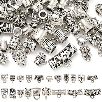 60Pcs 20 Styles Tibetan Style Alloy Tube Bails, Loop Bails, Hanger Links, Antique Silver, 8~15x7~22x5~11mm, Hole: 1~2.7mm, Inner Diameter: 3~6mm, 3pcs/style