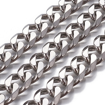 304 Stainless Steel Cuban Link Chains, Faceted, Unwelded, Stainless Steel Color, 13.5~14x11.5~12x3mm