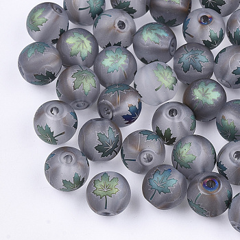 Autumn Theme Electroplate Transparent Glass Beads, Frosted, Round with Maple Leaf Pattern, Cadet Blue, 8~8.5mm, Hole: 1.5mm