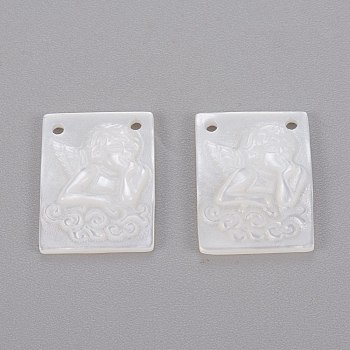 Natural White Shell Mother of Pearl Shell Pendants, Rectangle with Angel, 15.5x11.5x2.5mm, Hole: 1mm