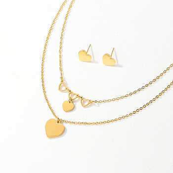 Golden Stainless Steel Jewelry Set, Pendant Necklaces & Stud Earrings, Heart, Necklace: 450mm, Earring: 10mm