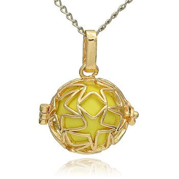 Golden Tone Brass Hollow Round Cage Pendants, with No Hole Spray Painted Brass Ball Beads, Champagne Yellow, 23x24x18mm, Hole: 3x8mm