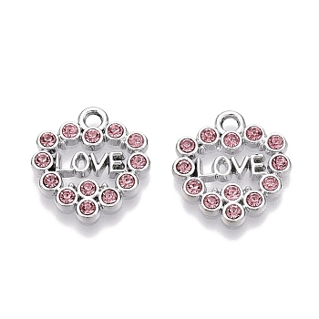 Rack Plating Alloy Pendants, with Rhinestone, Heart with Word Love, Light Rose, 16.5x16x2mm, Hole: 2mm