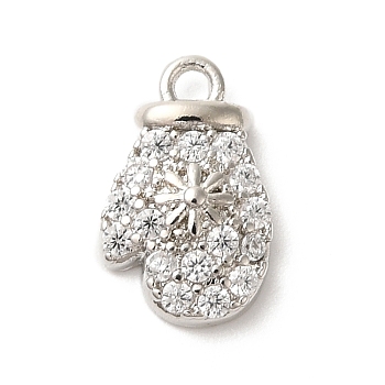 Christmas Theme Brass Micro Pave Cubic Zirconia Charms, Gloves with Snowflake, Platinum, 11x7x2.5mm, Hole: 1.2mm