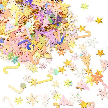 Christmas Theme Plastic Sequins Beads, Golden Sheen, Sewing Craft Decoration, Tree/Star/Snowflake, Mixed Color, 9~18x10~14x0.2~0.3mm, Hole: 0.8~0.9mm, about 18000pcs/500g