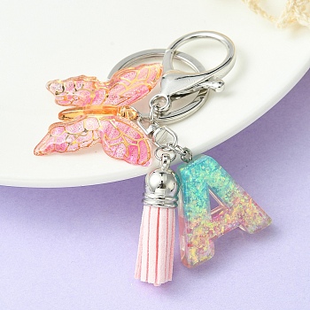 Resin & Acrylic Keychains, with Alloy Split Key Rings and Faux Suede Tassel Pendants, Letter & Butterfly, Letter A, 8.6cm
