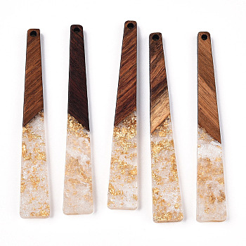 Transparent Resin & Walnut Wood Big Pendants, with Gold Foil, Trapezoid Charms, Floral White, 69.5x10x3.5mm, Hole: 2mm