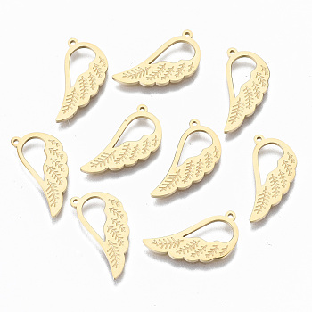 304 Stainless Steel Pendants, Wing, Real 14K Gold Plated, 18x8.5x1mm, Hole: 0.8mm