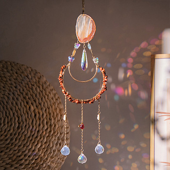 Moon Metal & Natural Red Jasper Chip Pendant Decorations, Hanging Suncatchers, with Glass Teardrop Charm and Agate Link, for Home Car Decorations, Clear AB, 445mm