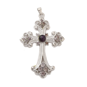 Natural Amethyst Big Pendants, Alloy Crystal Rhinestone Cross Charms, Platinum, 75x50x9.5mm, Hole: 6x4mm