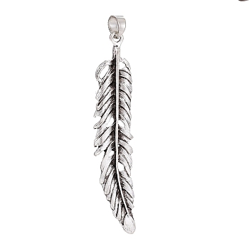 Alloy Big Pendants, with Snap on Bails, Feather, Antique Silver, 69x13x2mm, Hole: 6x5mm