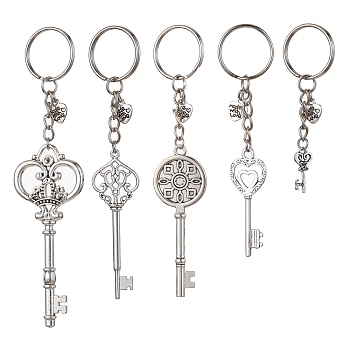 Iron Split Keychains, with Alloy Pendants, Key & Heart, Antique Silver, 7.5~13.8cm