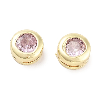 Brass with Single Cubic Zirconia Slide Charms, Flat Round, Real 18K Gold Plated, Pink, 5.5x3.5mm, Hole: 3x0.6mm