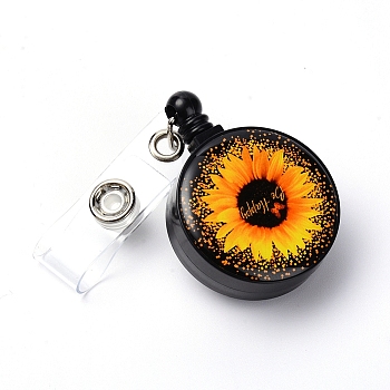 ABS Plastic Retractable Badge Reel, Card Holders, with Platinum Snap Buttons, ID Badge Holder Retractable for Nurses, Flat Round with Sunflower Pattern, Orange, 8.5cm