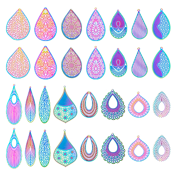 30Pcs 15 Style Ion Plating(IP) 201 & 304 Stainless Steel Filigree Pendants, for DIY Jewelry Making, Etched Metal Embellishments, Mixed Shape, Rainbow Color, 40~62x16~37x0.3mm, Hole: 1~2mm, 2pcs/style