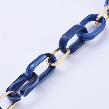 Handmade Paperclip Chains, Drawn Elongated Cable Chains, with Aluminium Linking Rinds and Acrylic Linking Rinds, Imitation Gemstone Style, Light Gold, Marine Blue, Link: 16x8x2mm, 18.5x11.5x4.5mm, 39.37 inch(1m)/strand