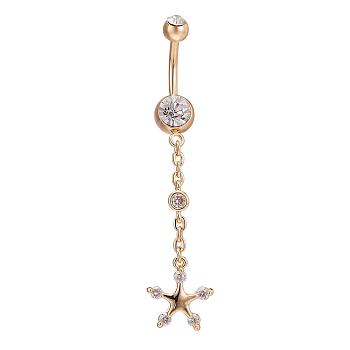 Piercing Jewelry Real 18K Gold Plated Brass Rhinestone Star Navel Ring Belly Rings, Crystal, 63x12mm, Bar Length: 3/8"(10mm), Bar: 14 Gauge(1.6mm)