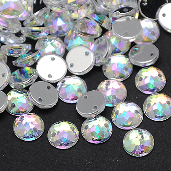 Sew on Rhinestone, Taiwan Acrylic Rhinestone, Two Holes, Garments Accessories, Faceted, Half Round/Dome, Colorful, 13x4.5mm, Hole: 1mm