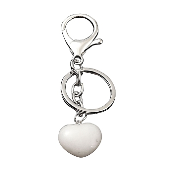 Natural White Jade Keychain, with Platinum Plated Iron Split Key Rings, Heart, 9~9.2cm