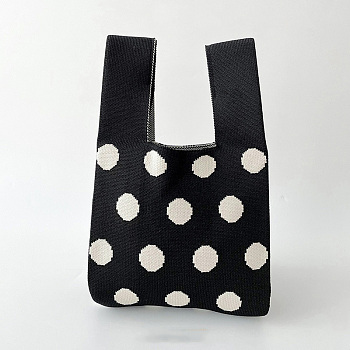 Polyester Polka Dot Knitted Tote Bags, Cartoon Crochet Handbags for Women, Black, 36x20cm