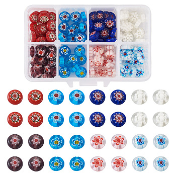 Handmade Millefiori Glass Beads, Flat Round, Mixed Color, 10x4mm, Hole: 1.5mm, 8 colors, 20pcs/color, 160pcs