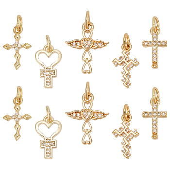 Elite 10Pcs 5 Styles Real 18K Gold Plated Brass Micro Pave Cubic Zirconia Pendants, with Jump Ring, Cross, Mixed Shapes, 13.5~15x7.5~12x1.5~2mm, Hole: 3~3.4mm, 2pcs/style