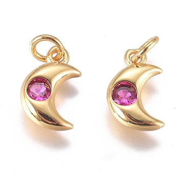 Brass Micro Pave Cubic Zirconia Charms, with Jump Ring, Long-Lasting Plated, Moon, Golden, Hot Pink, 10x6.5x2mm, Hole: 3mm